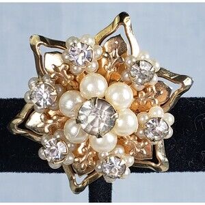 Vintage Brooch Pin Fleur-de-lis Faux Pearl Gold Tone Rhinestone Prong Set Small